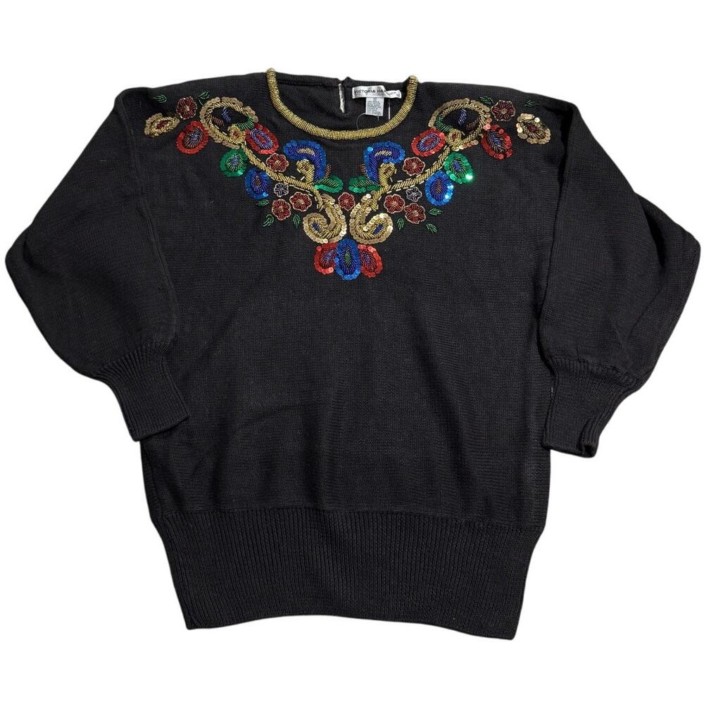 NWT VTG Victoria Harbour Paisley Sequin Beaded Sweater 90s Womens Sz Small Black